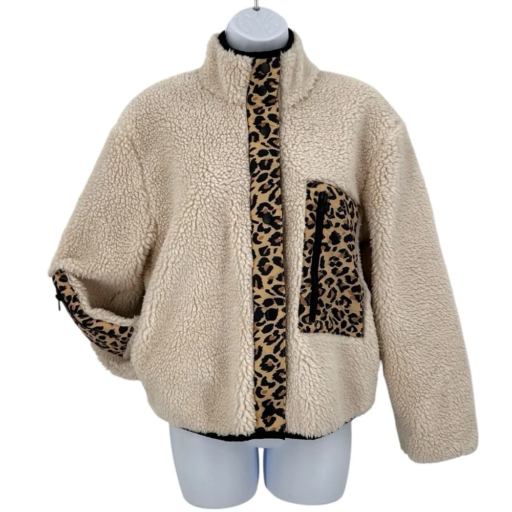 Rails Dean Fleece Teddy Jacket Size XS Ivory Leopard Mix - Picture 2 of 12